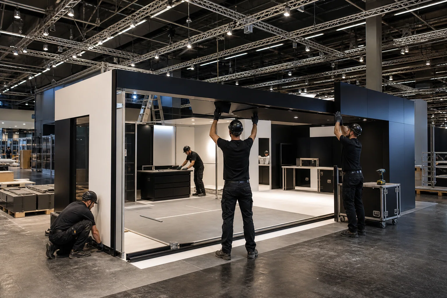 Professionelle Monteure beim Aufbau eines modularen Messestands